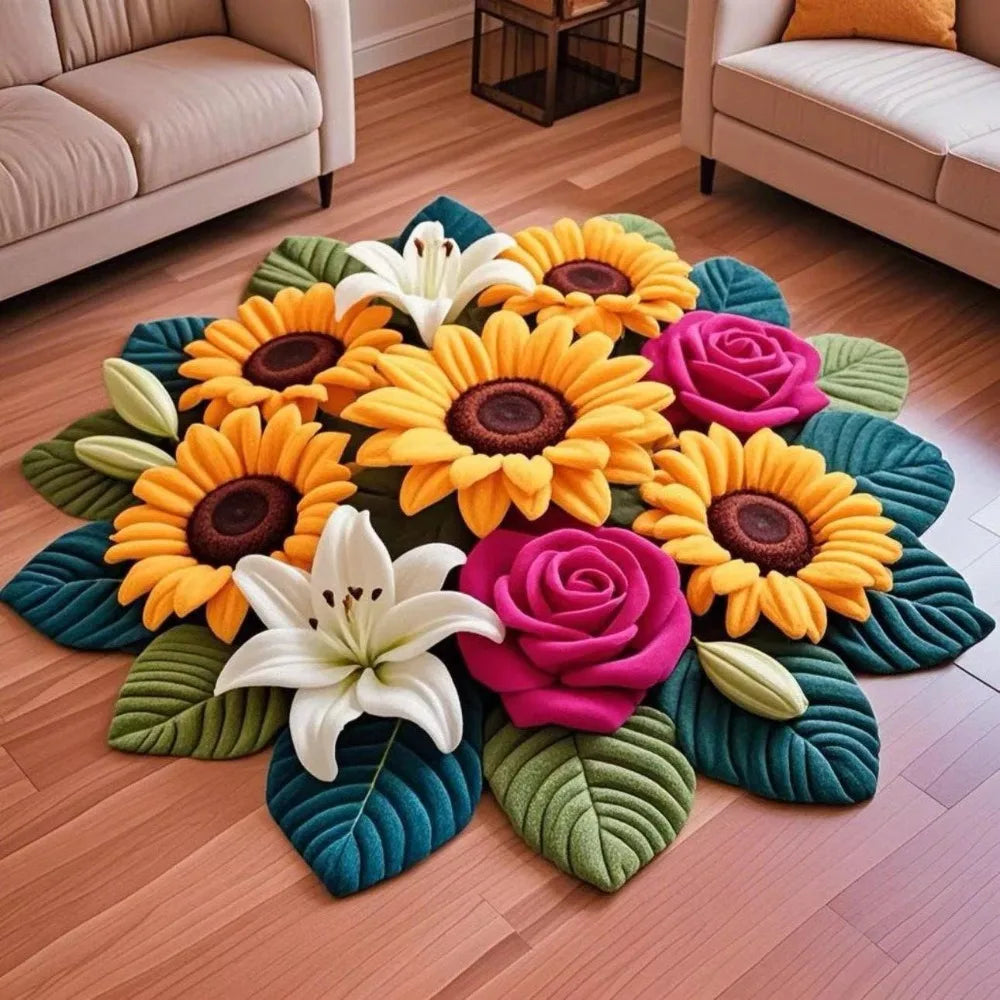 tapis fleurs tournesols roses lys vert jaune marron blanc rose texturé 3d antidérapant polyester