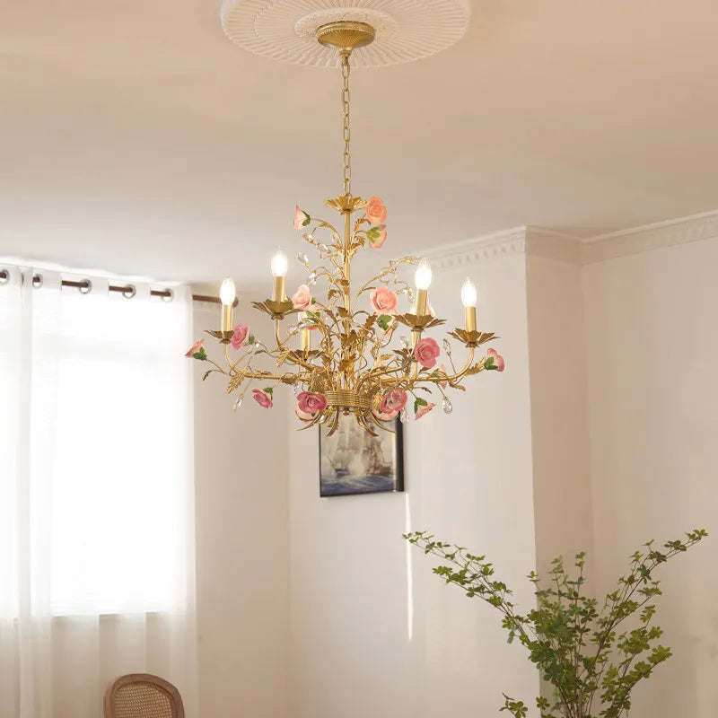 lustre suspendu led rose céramique fleurs cristaux classique interrupteur tactile chambre salon