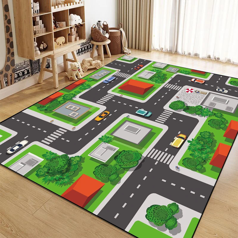 Tapis de jeu 3D représentant une ville avec des routes, des bâtiments, des arbres et des véhicules, conçu pour stimuler l'imagination et favoriser le jeu créatif des enfants.