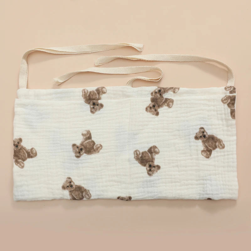 sac rangement lit bébé coton coeurs dorés gris simple double poche fixation ruban