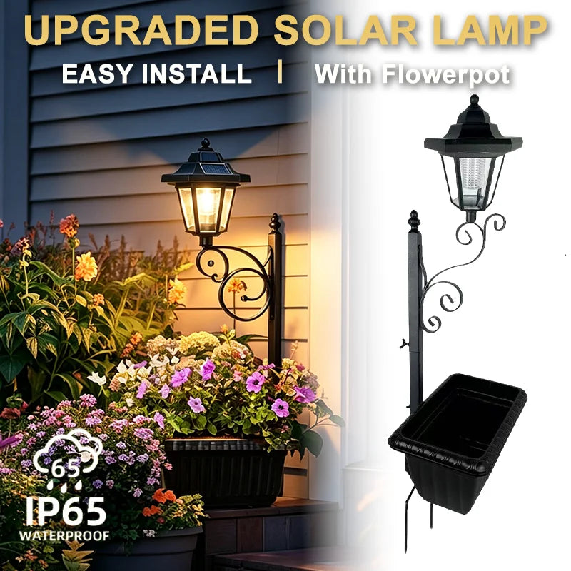 lampe solaire classique métal forgé pot fleurs noir extérieur ambiance jardin led 12v 6w