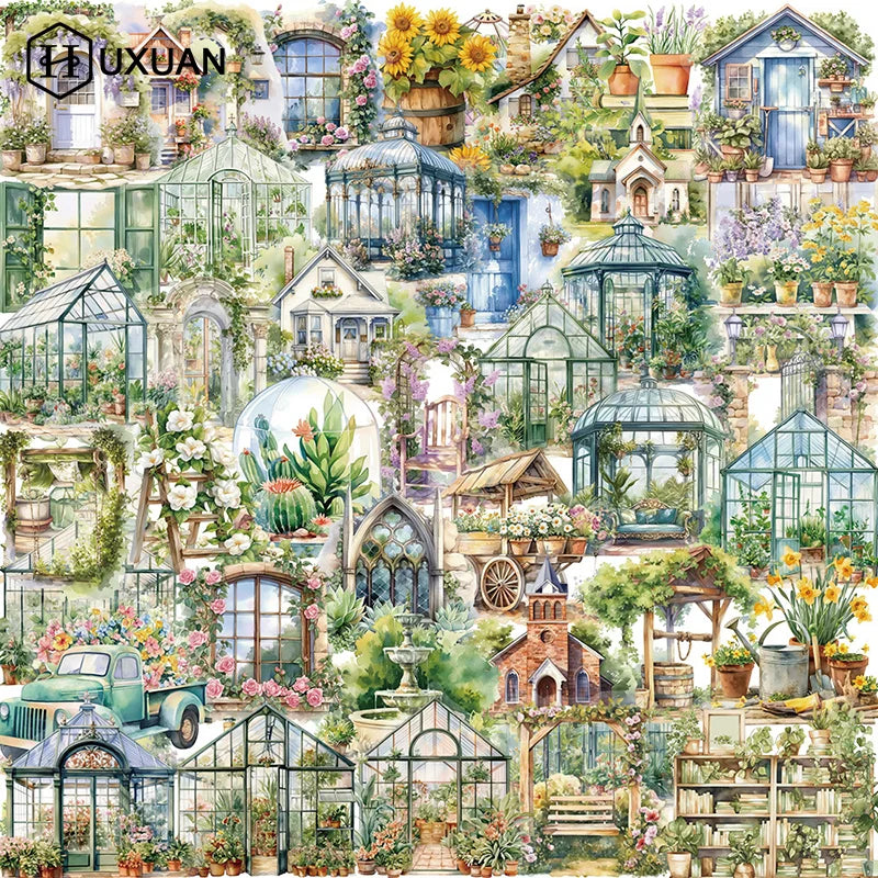 autocollants jardin fleurs maison vintage romantique illustrés adhésifs multicolores blanc beige jaune rose