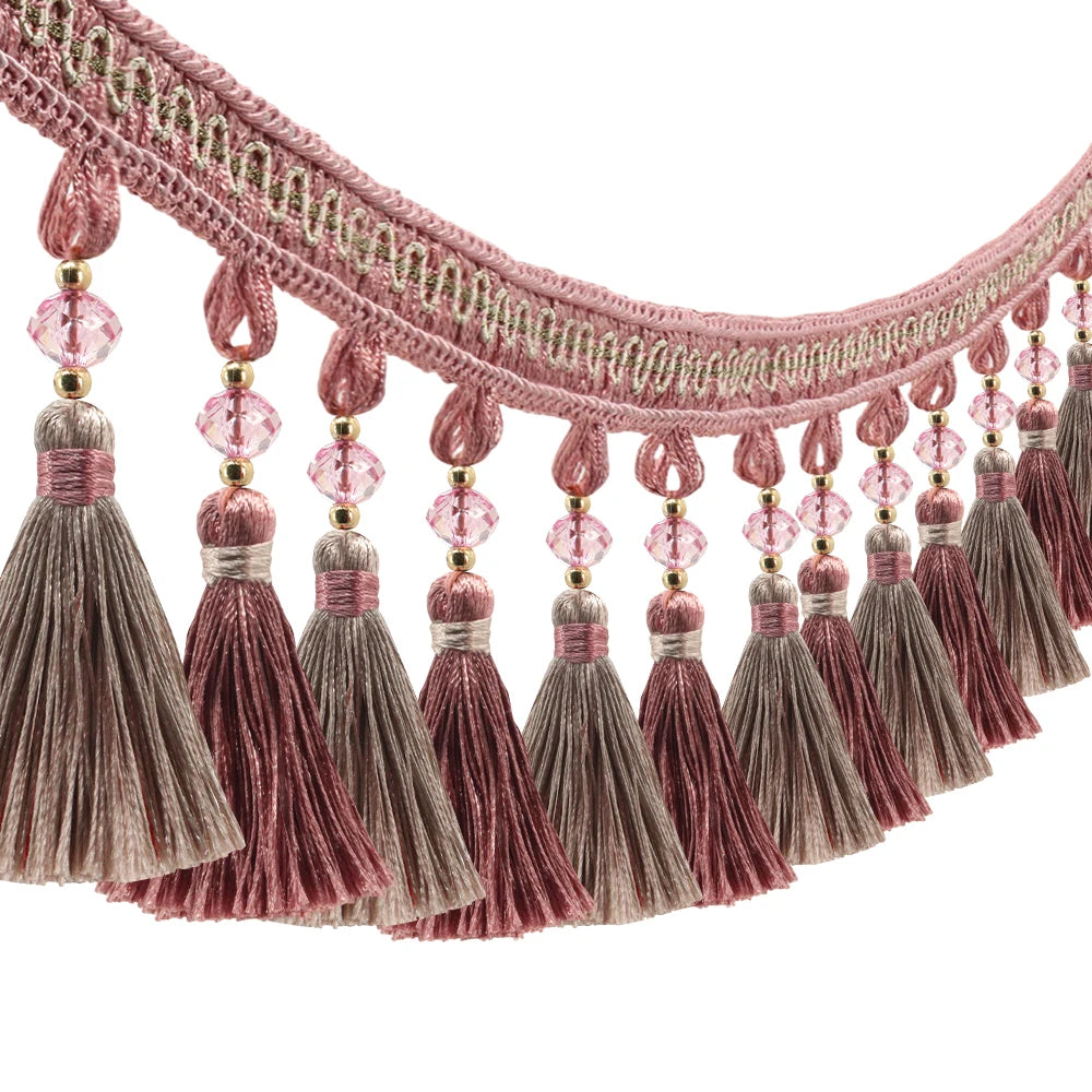 ruban franges rouge bordeaux beige clair decoratif textile maison bordure pompons 11cm