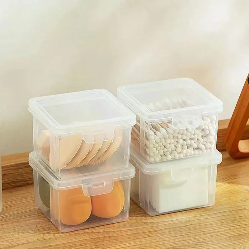 boîtes rangement transparentes modernes coton tige lingettes tampons maquillage clips pratiques salle bain