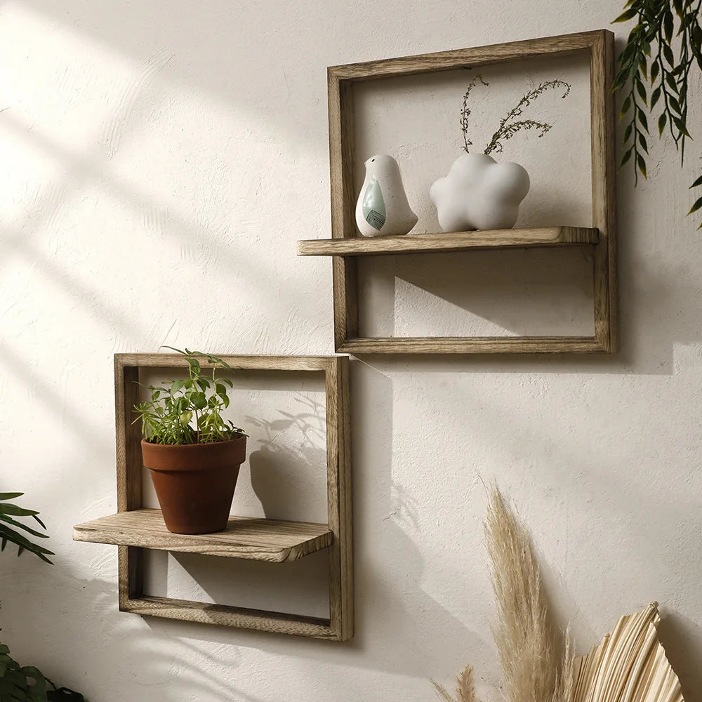 étagère murale moderne rustique bois naturel marron clair plante pot oiseau blanc objet decoratif
