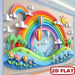 Toile fond décorative arc ciel montgolfières nuages arbres fleurs multicolore chambre enfant décoration murale