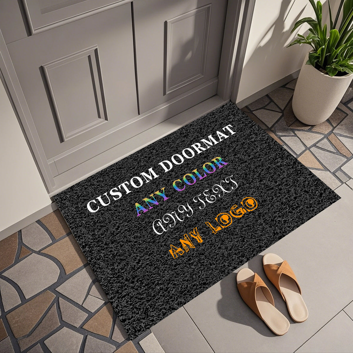 tapis d'entrée personnalisable moderne noir texture rugueuse imperméable antidérapant extérieur porte couloir
