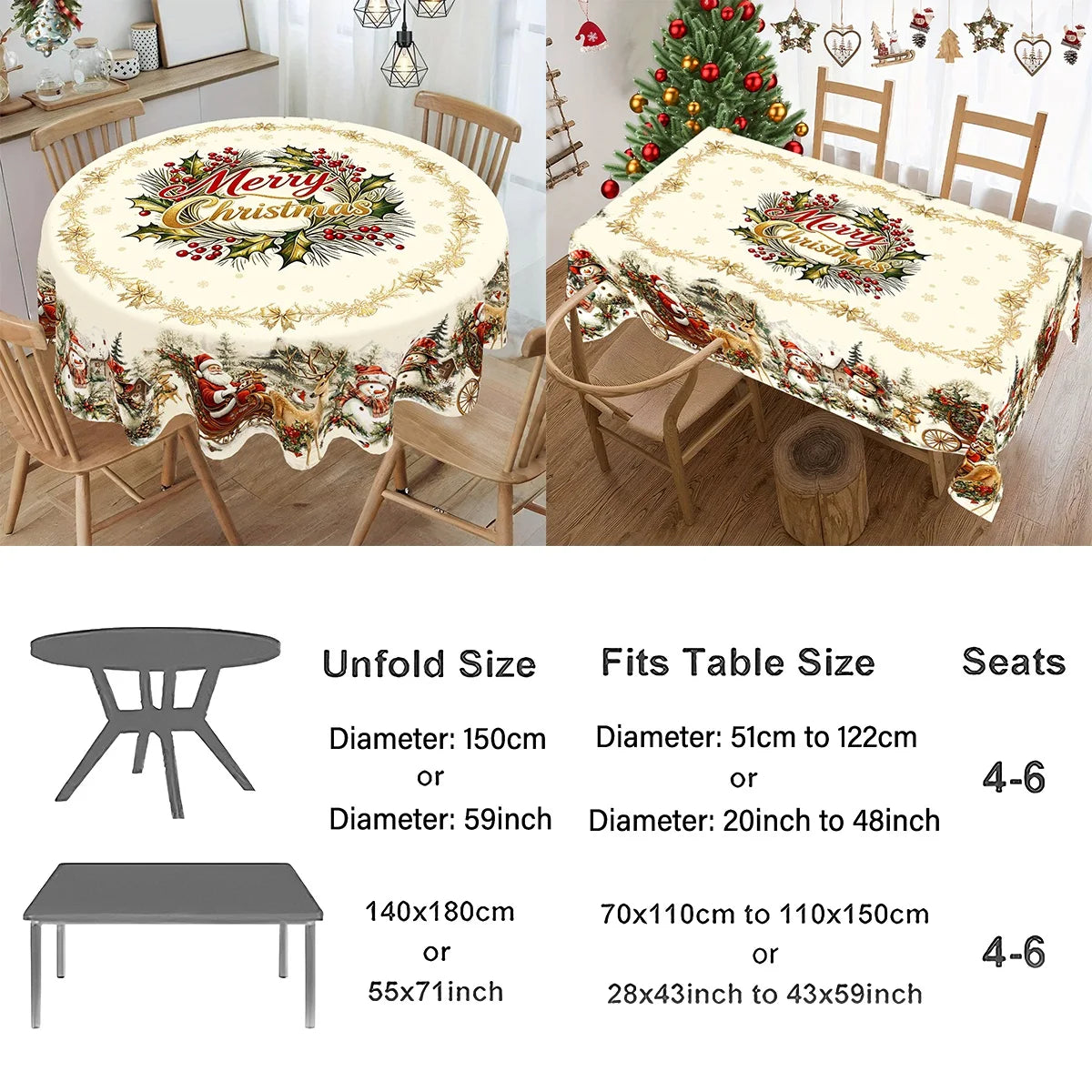 nappe table noël motif père noël rennes traditionnelle rouge vert festive blanc magique hiver