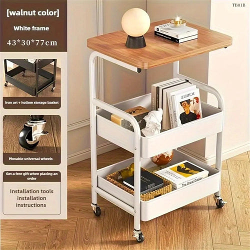 chariot rangement moderne bois naturel blanc trois niveaux roulettes plateau bois massif structure métallique