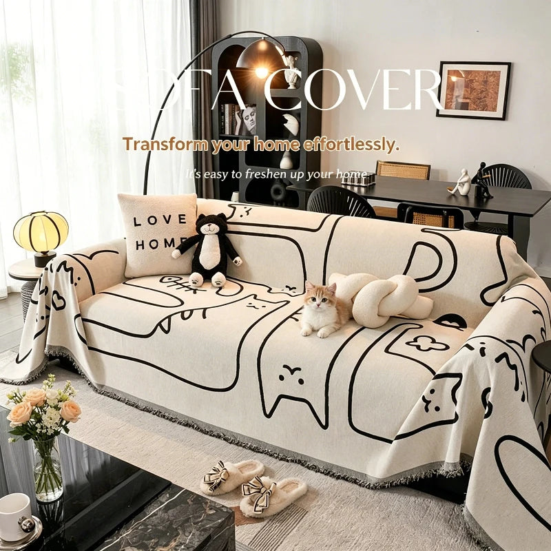 Housse canapé moderne beige dessins chats texture chenille oreiller love peluche tasse