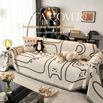 Housse canapé moderne beige dessins chats texture chenille oreiller love peluche tasse