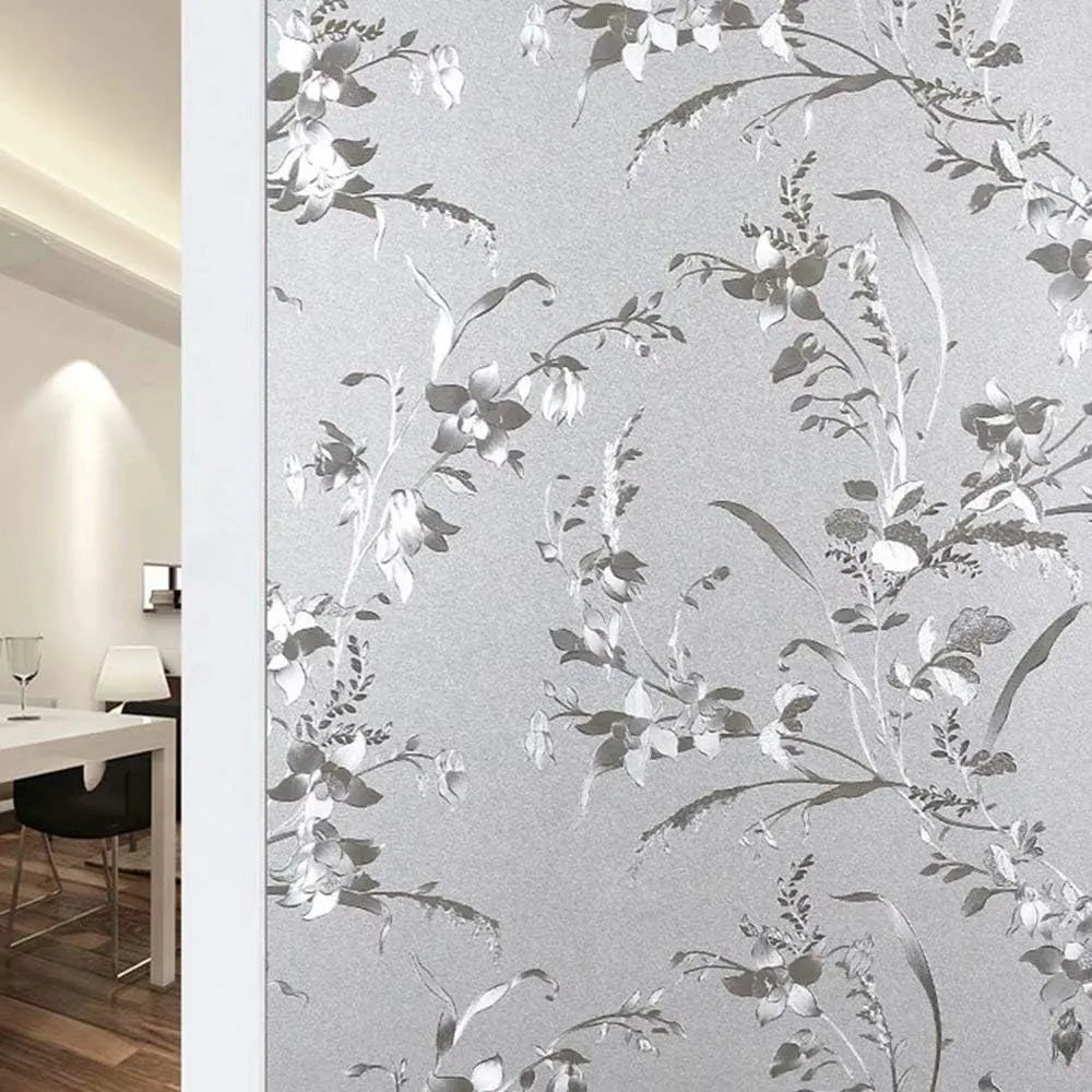 film décoratif fenêtre porte opaque fleurs feuilles gris autocollant statique vitrail salle bain