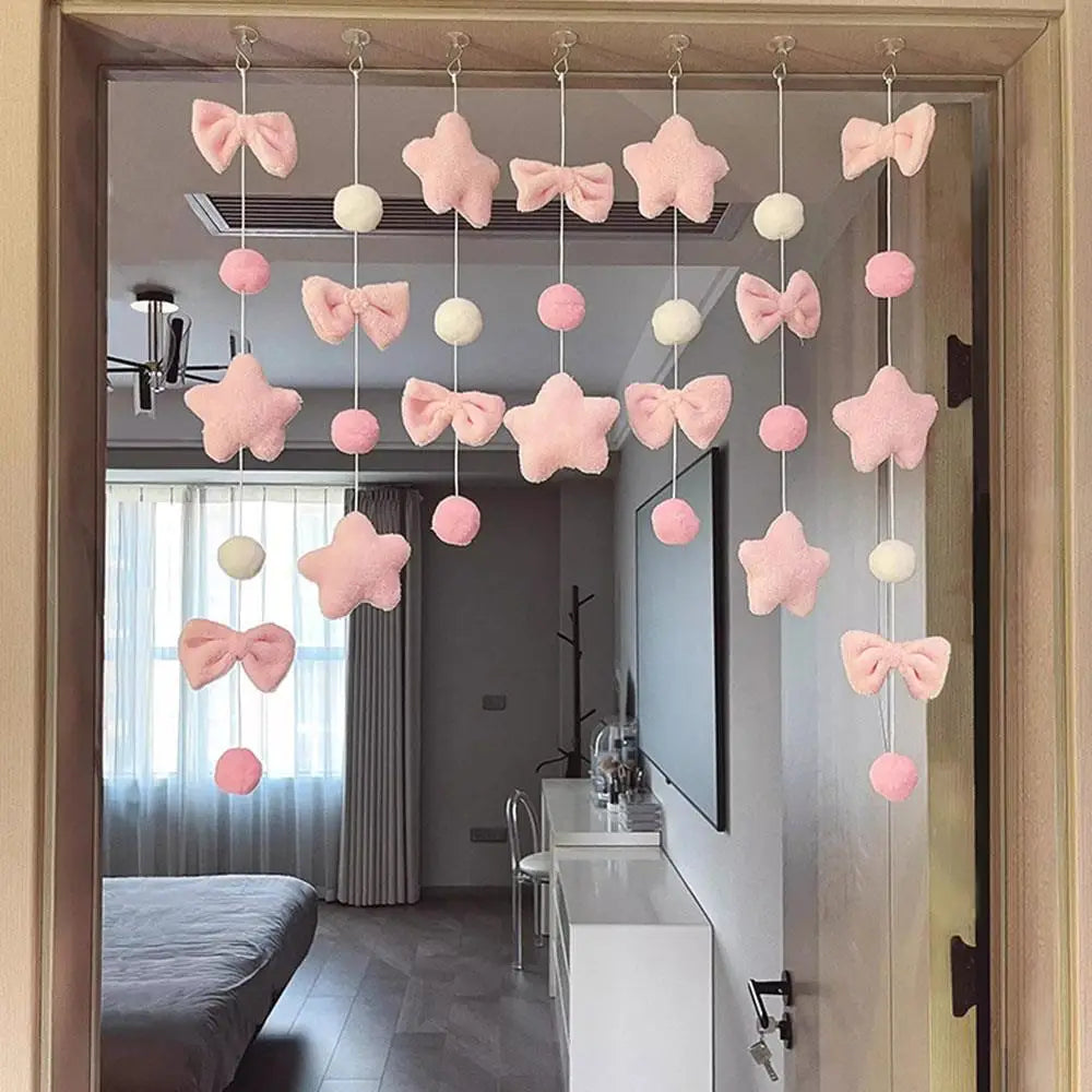 guirlande décorative porte fenêtre rose feutrine bows étoiles enfantin doux transparent fixations filsSuspension