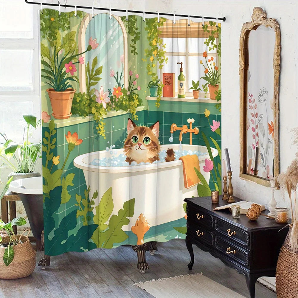 rideau douche illustration chat baignoire motifs floraux 12 anneaux métalliques polyester opacité vert blanc