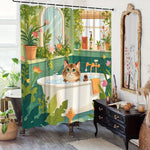 rideau douche illustration chat baignoire motifs floraux 12 anneaux métalliques polyester opacité vert blanc