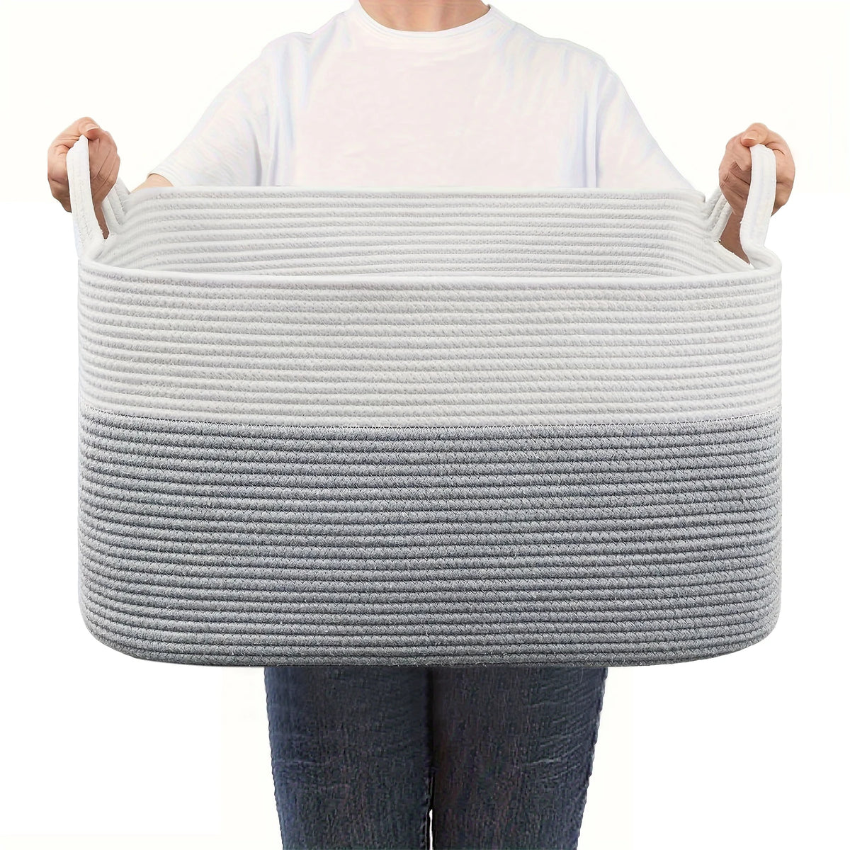 panier rangement tissé polyester pliable beige blanc rayures horizontales moderne rustique