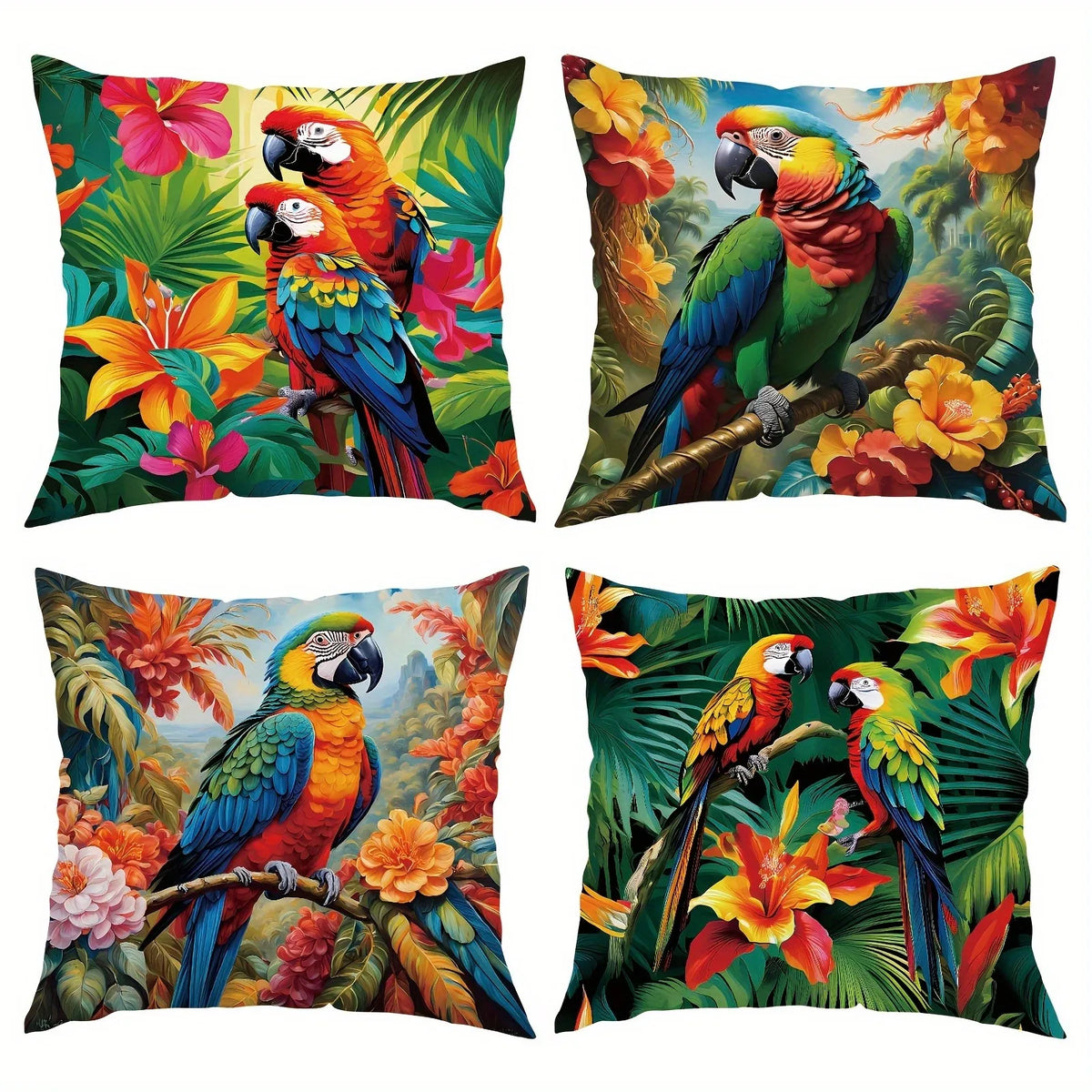 taies d'oreiller motif tropical perroquets fleurs multicolores moderne polyester 45x45cm zipper closure