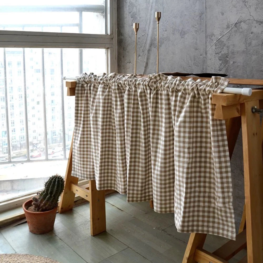 rideau gingham beige blanc champêtre fixé cuisine opacité moyenne dimension 140cm