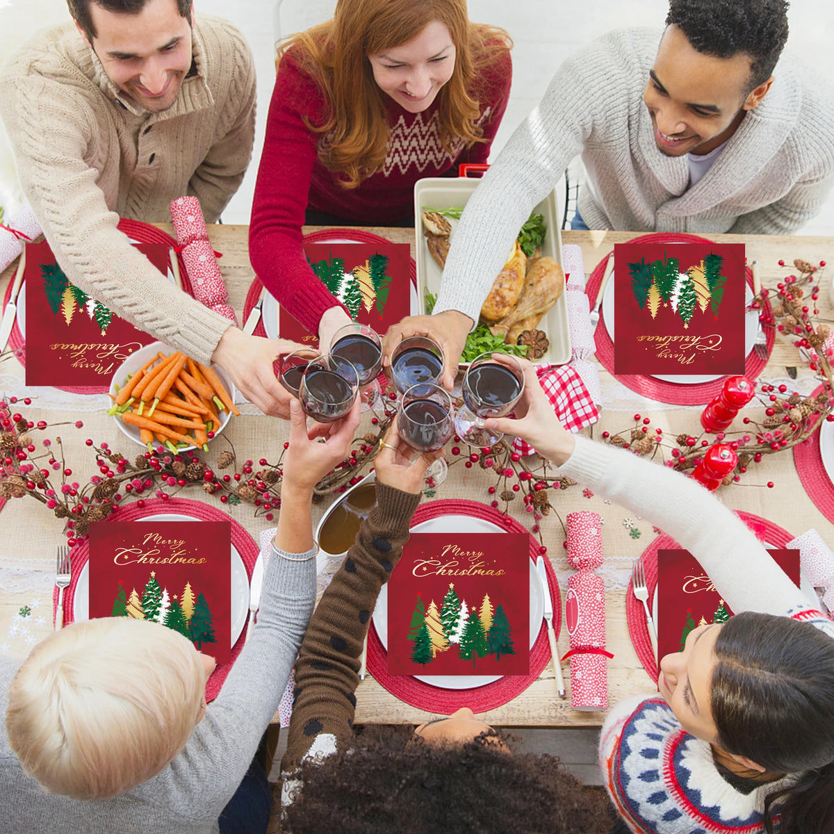 serviettes table noël rouge vert doré motif sapins merry christmas festives jetables pack 20pcs