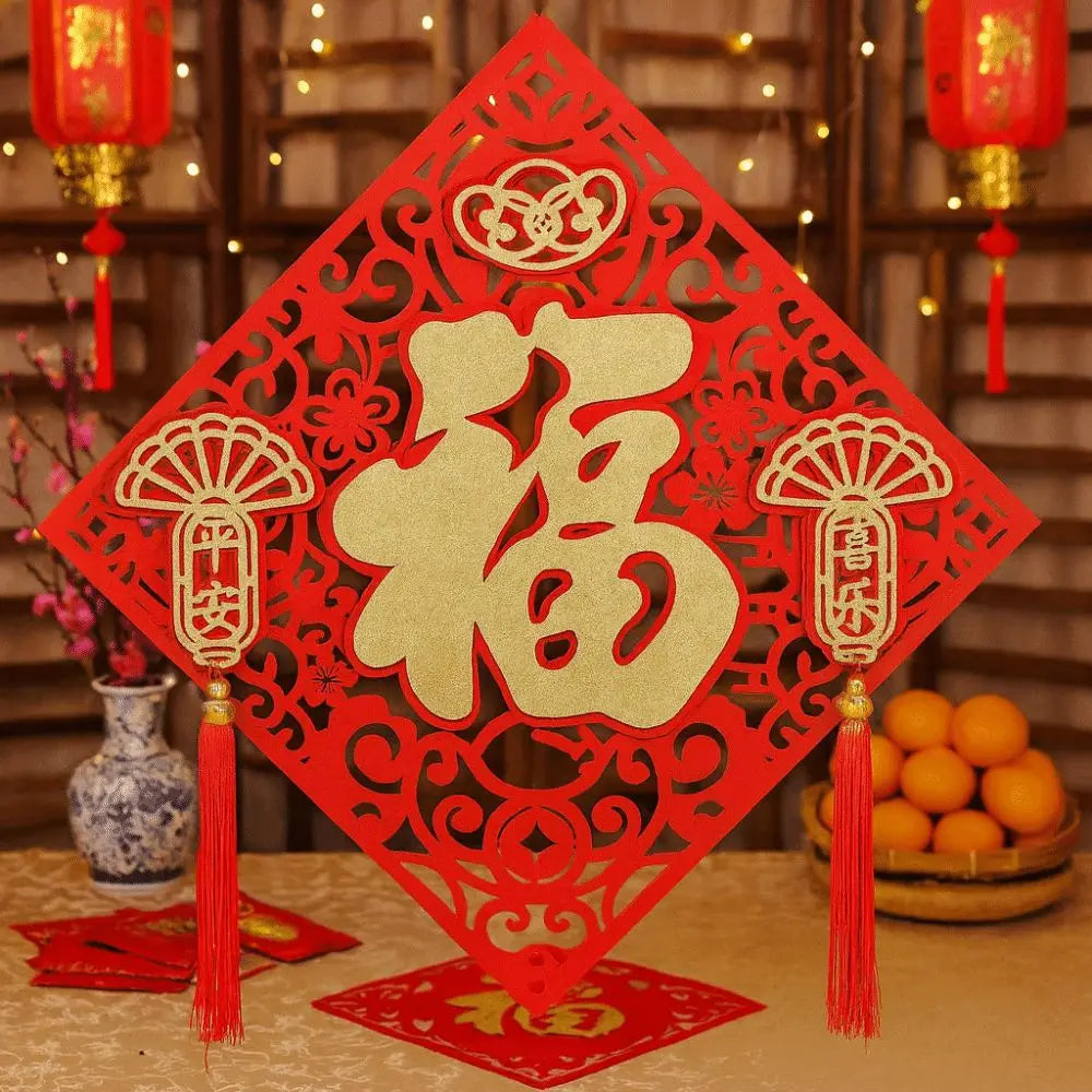 décoration murale nouvelle année autocollant flocé rouge doré ornement chinois artisanal floral anniversaire noël