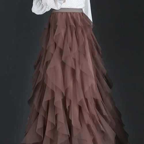 jupe longue femme tulle plissée coréen fluide taille haute élégante volante mi mollet