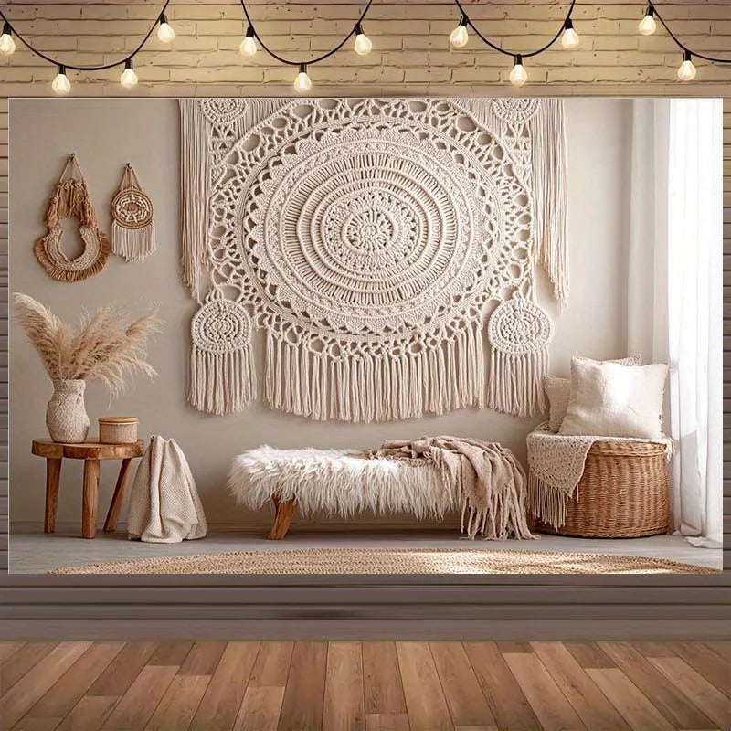 tapis macramé boho chic beige clair motif circulaire franges occasion anniversaire décoration maison