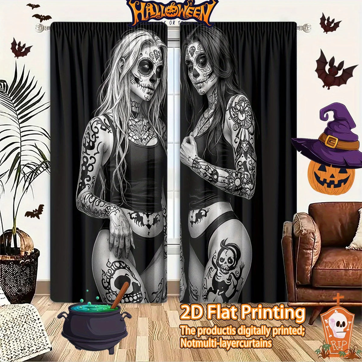 rideau noir illustration tatouage personnages gothique opacité art contemporain deux panneaux polyester