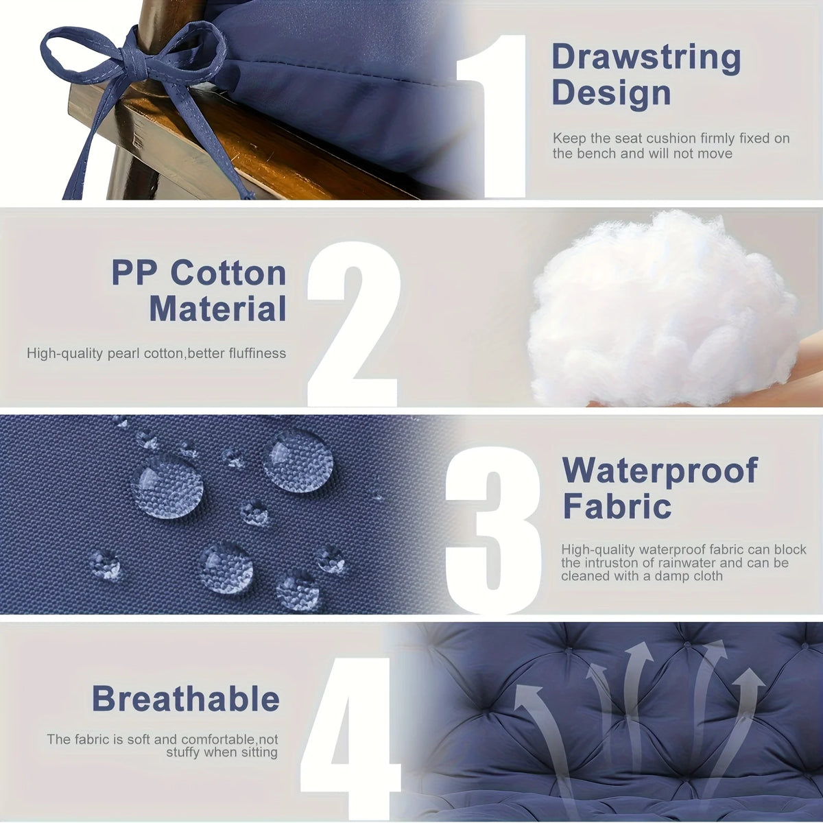 coussin balançoire imperméable bleu marine tufté moderne chaînes métalliques 120cm 100cm hand wash only
