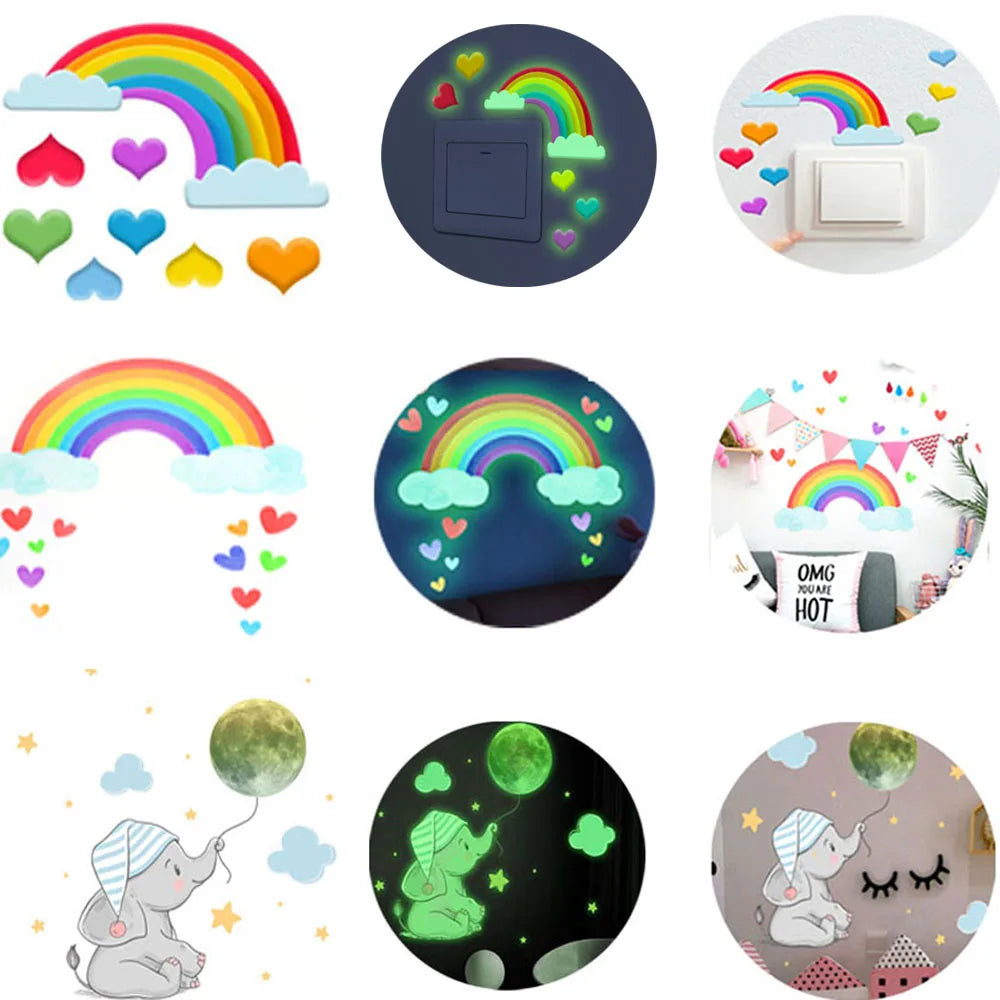 stickers muraux décoratifs enfants nuages lune étoiles arc ciel cœurs phosphorescents opaques animateurs