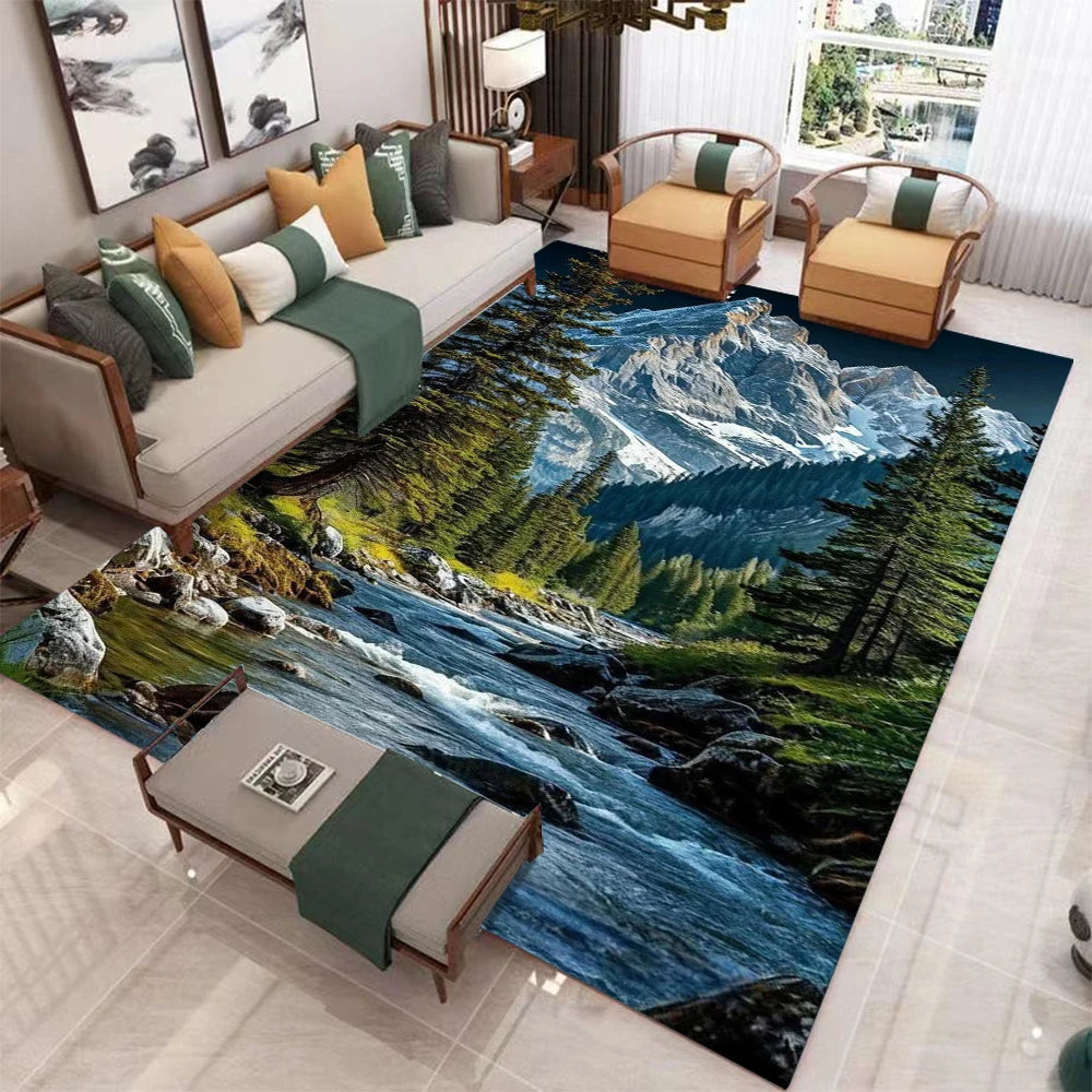 tapis paysage naturel moderne cascade forêt bleu vert blanc gris durable maison hôtelextérieur
