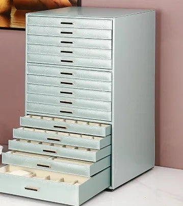 coffret bijoux moderne simili cuir noir blanc vert compartiments poignées dorées stockage sécurité