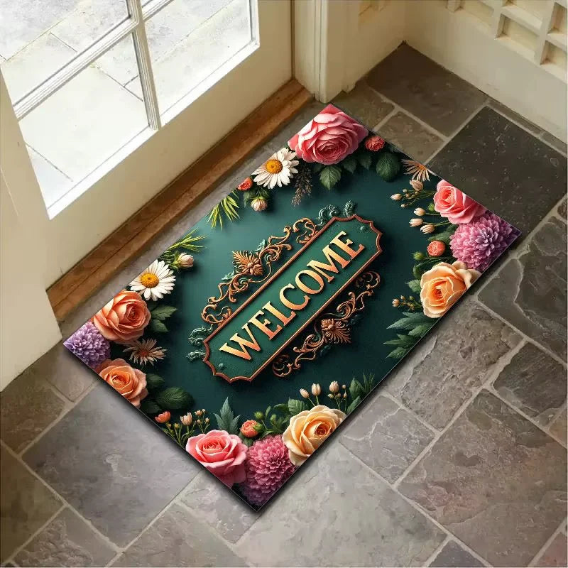 tapis d'entrée intérieur extérieur motif fleurs welcome texte doré classique décoration maison polyester