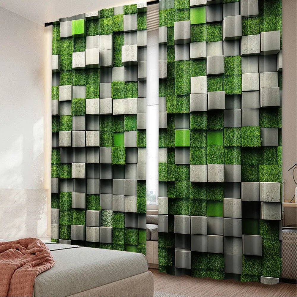 rideau polyester moderne carreaux géométriques vert gris noir opaques 29x65in 41x90in 51x82in