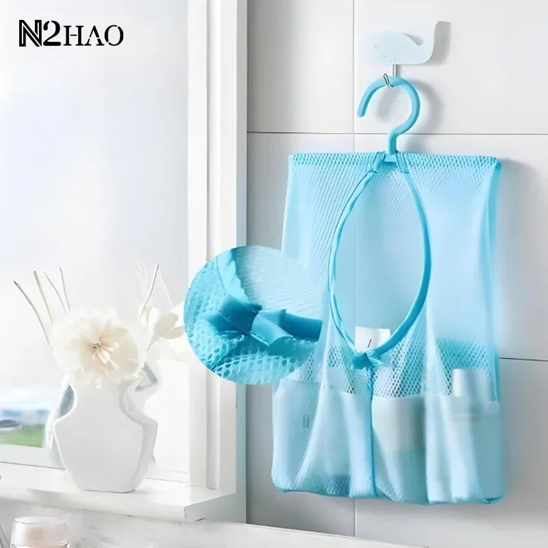 sacs suspendus toile maille blanc rose bleu crochet translucides cosmétiques toilette