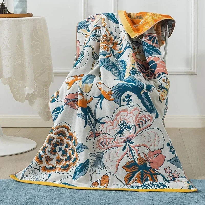 couverture bain coton fleur bleue jaune rapide absorbante machine ethnique traditionnelle