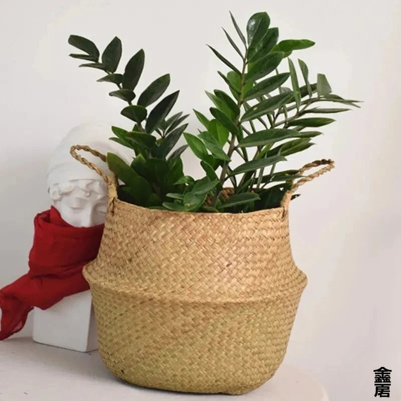 panier tressé bohème fleurs plantes vertes décoration intérieure naturelle cabas artisanal rangement maison jardin