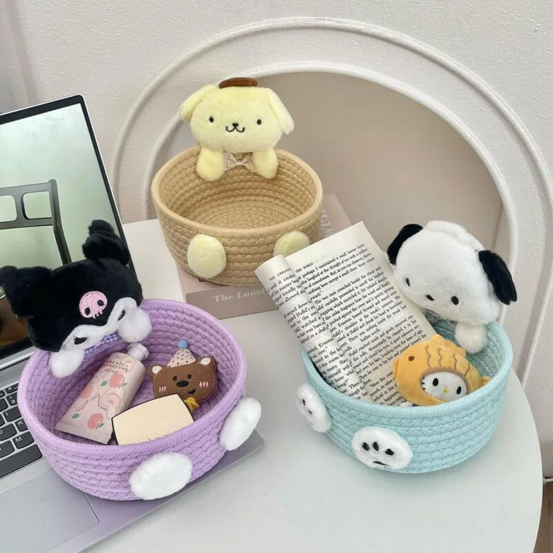 panier rangement corde tressée violet bleu clair beige rose peluches cosmétiques modernes