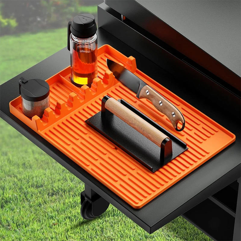 tapis cuisine silicone orange grille résistance chaleur clips antiadhésif nettoyage ustensiles barbecue couteau spatule