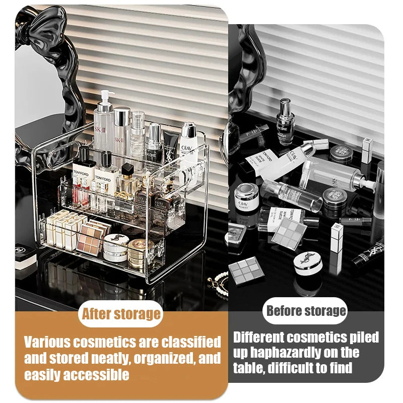 organisateur maquillage transparent acrylique moderne niveaux rangement palette fards poignées cosmétiques salle bain