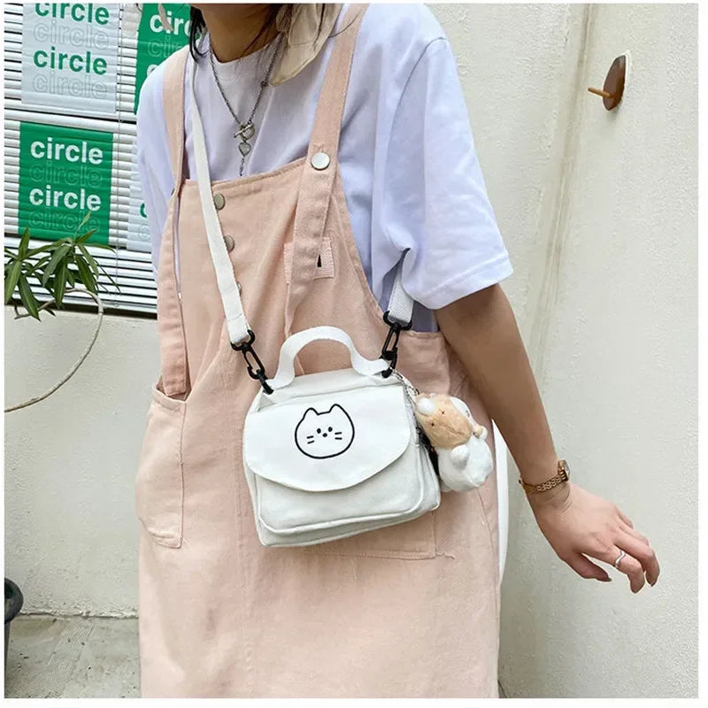 sac bandoulière femme toile imprimé chat blanc moderne décontracté polyvalent