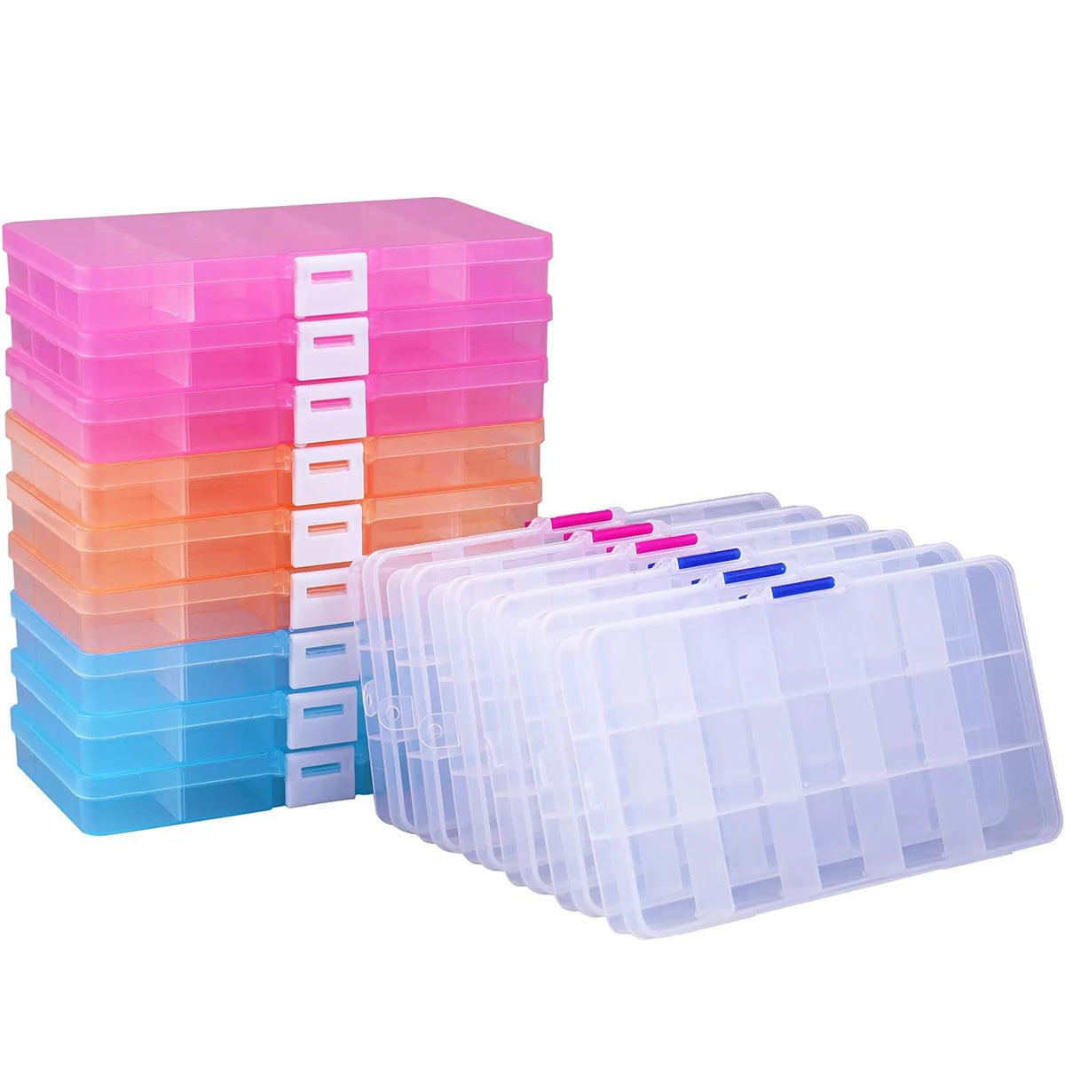 boîtes rangement bijoux transparentes bleu rose orange compartiments ajustables poignées modernes pratiques