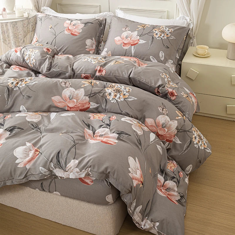 housse couette motif floral moderne gris rose blanc taies d'oreiller 100 polyester