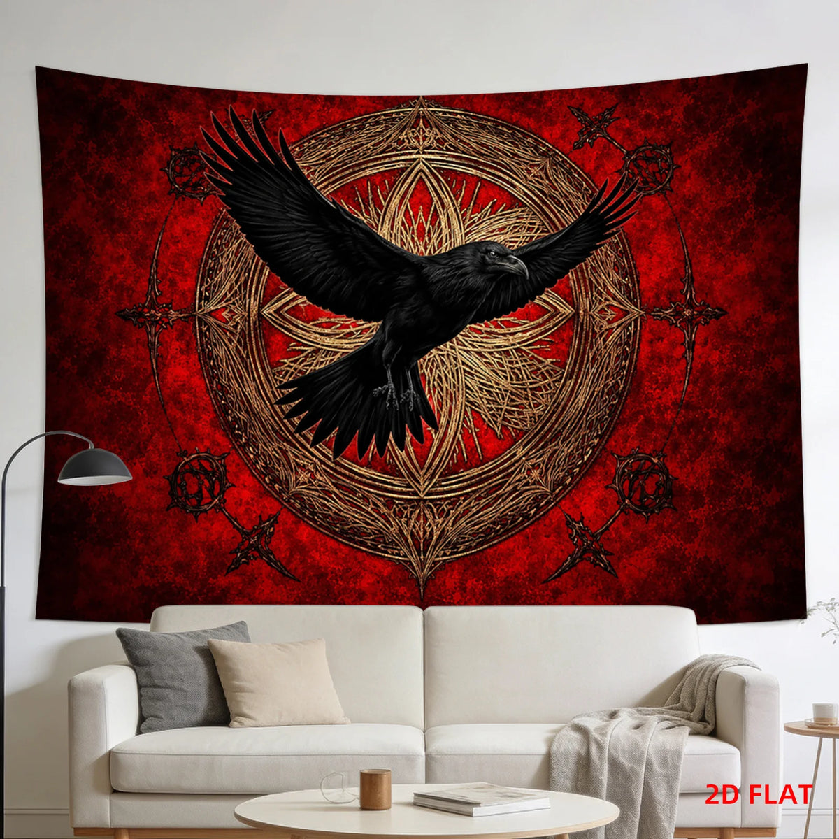 tapisserie murale oiseau vol cercle géométrique motifs floraux gothique rouge noir doré décoration salon
