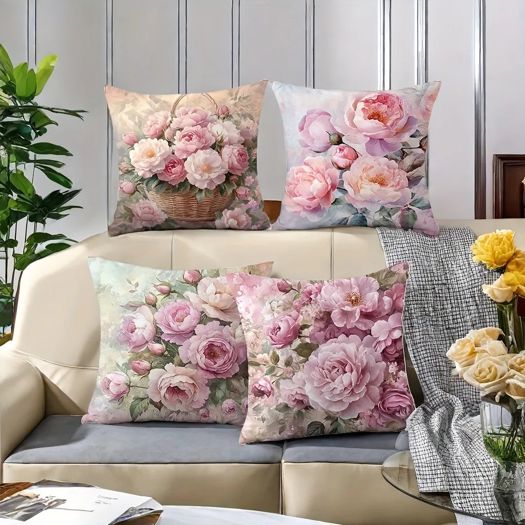 housse coussin imprimé bouquet fleurs roses blanches vintage couleurs rose beige vert polyester 40x40cm