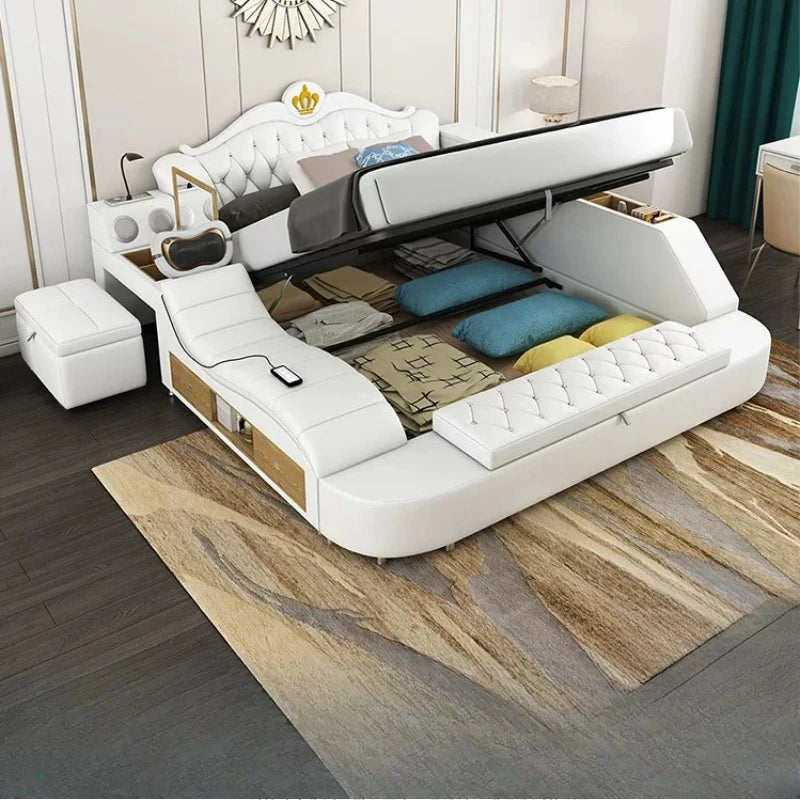 lit multifonctionnel moderne blanc gris oreillers coussins simili cuir rangement sous lit tablette intégrée