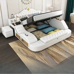 lit multifonctionnel moderne blanc gris oreillers coussins simili cuir rangement sous lit tablette intégrée