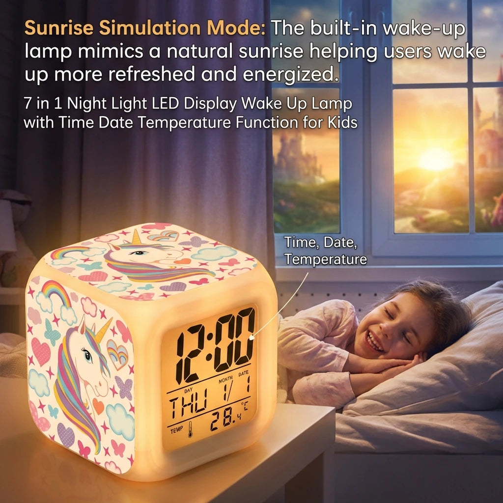 horloge veilleuse led licorne coeurs nuages étoiles arc ciel blanc moderne enfant