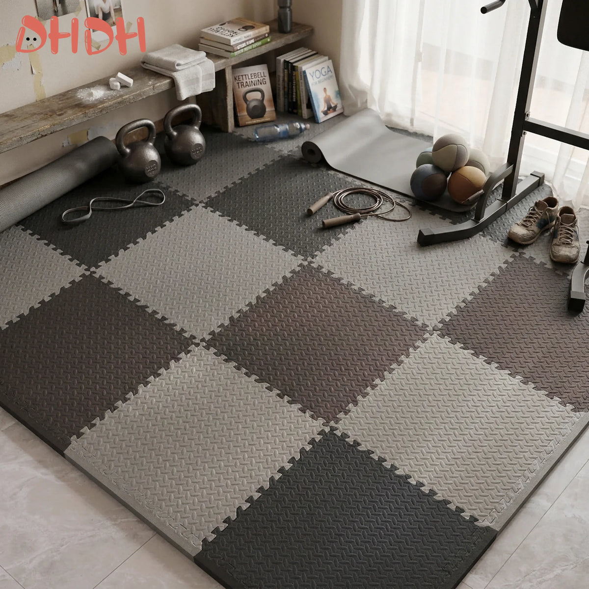 tapis sol modulable gris blanc carreaux antidérapants fitness yoga exercices