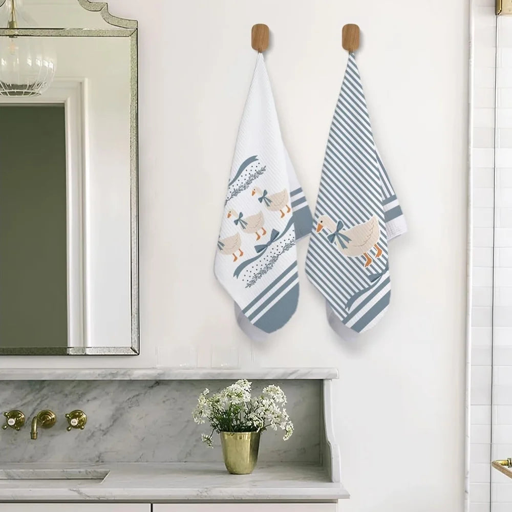 serviettes cuisine canards bleu clair rayures rustique blanc décoratif ensemble clips