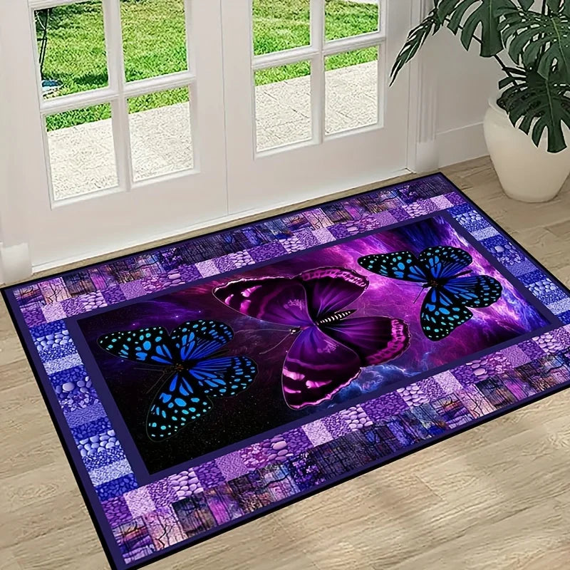 tapis salon moderne violet roses papillons patchwork lavable grande surface décoration chambre intérieur